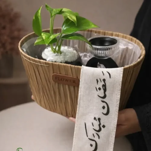 هدية نبتة بوتس في حوض زجاجي دائري مع (مبخرة + شريط رمضان مبارك) في سلّة أنيقة هدية نبتة بوتس في حوض زجاجي دائري مع (مبخرة + شريط رمضان مبارك) في سلّة أنيقة